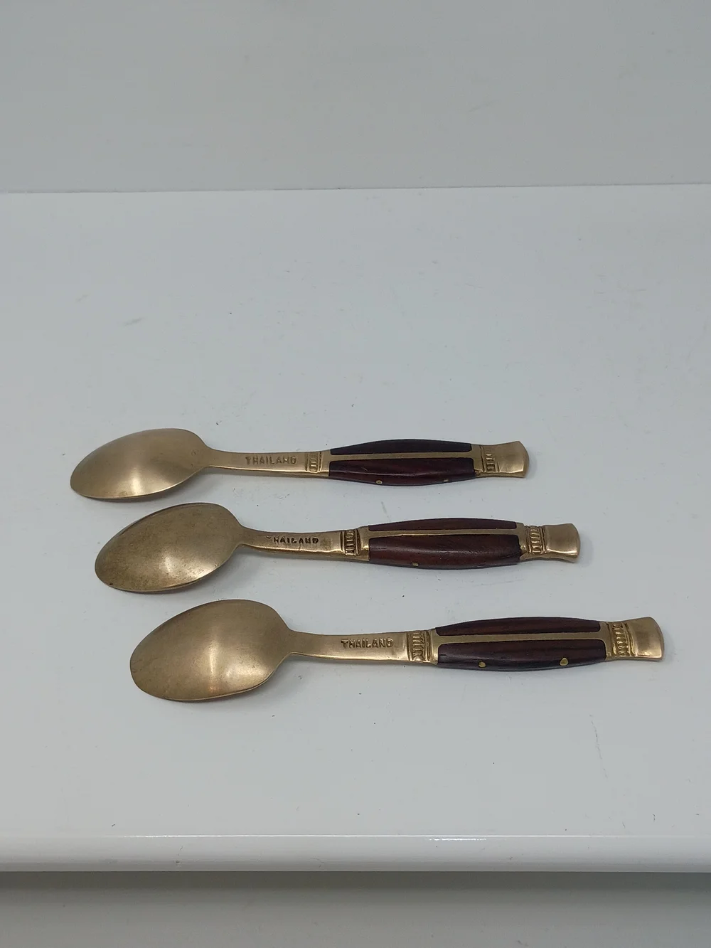 Vintage 1960's Thailand Brass Dessert Spoons with Brown Teak Wood Handles